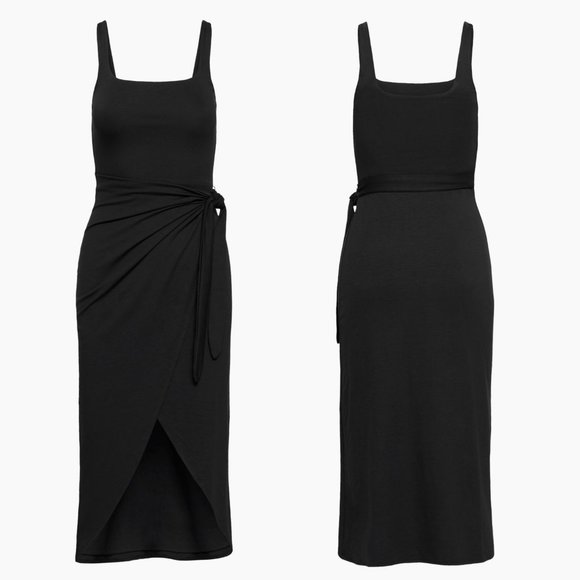Aritzia Wilfred Saturn Midi Dress Black Square Neck Soft Stretchy Midi Wrap XS - Picture 3 of 12